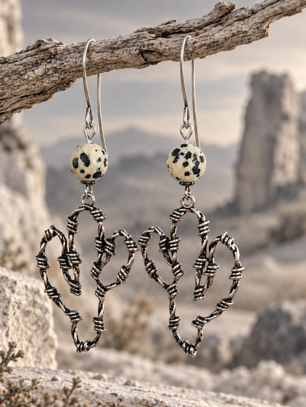 Dalmatian Jasper Cactus Earrings Antiqued Silver Hand Crafted